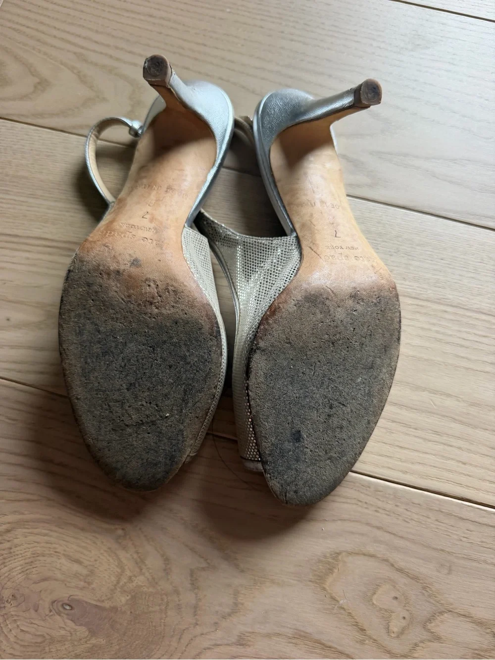 kate spade Silver Metallic Slingback Peep-Toe Heels with Pink Insole